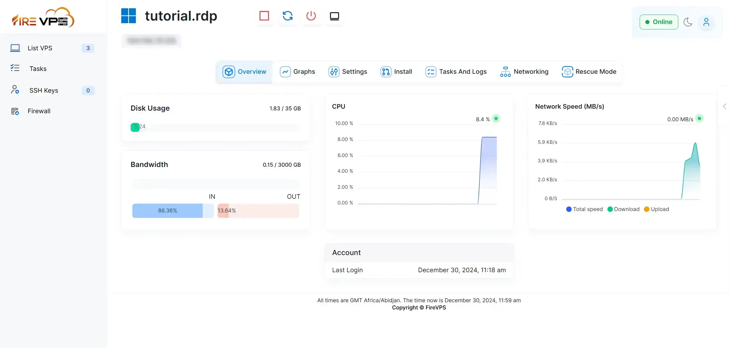USA VPS Control Panel Dashboard